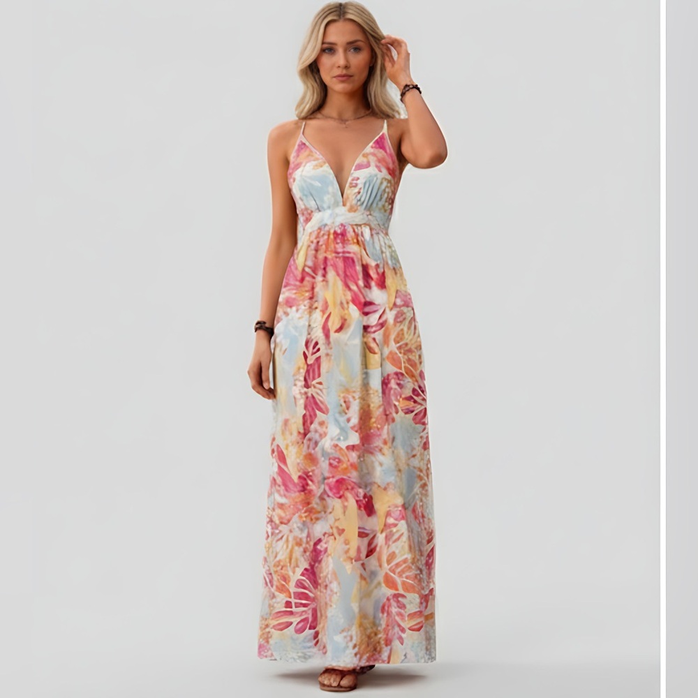 Criss Cross Tropical Print Maxi Dress - Picture 1 of 8